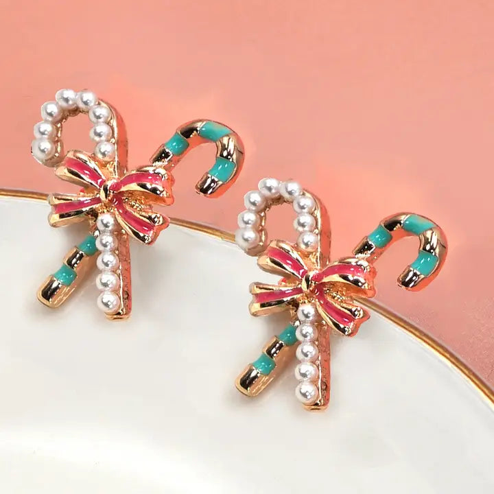 Candy Cane Pearl Bow Stud Earrings