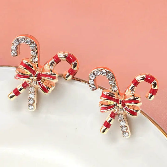 Candy Cane Rhinestone Bow Earrings