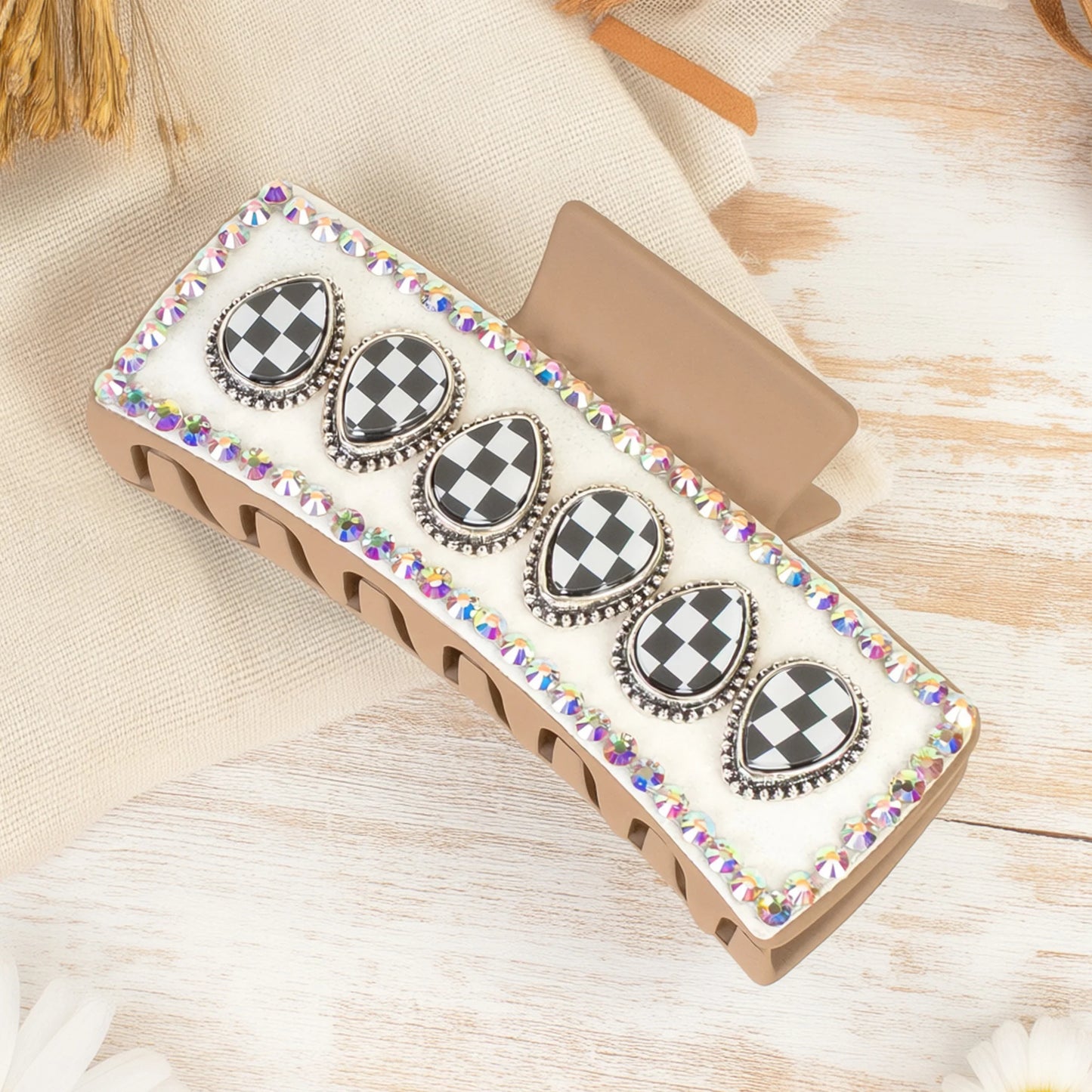 Checker & Crystal Hair Claw Clip
