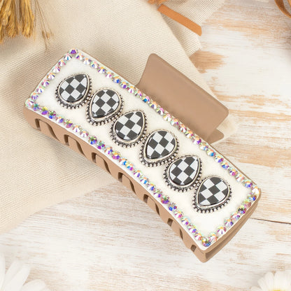 Checker & Crystal Hair Claw Clip