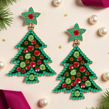 Christmas Tree Earrings W/ Pearls & Crystals