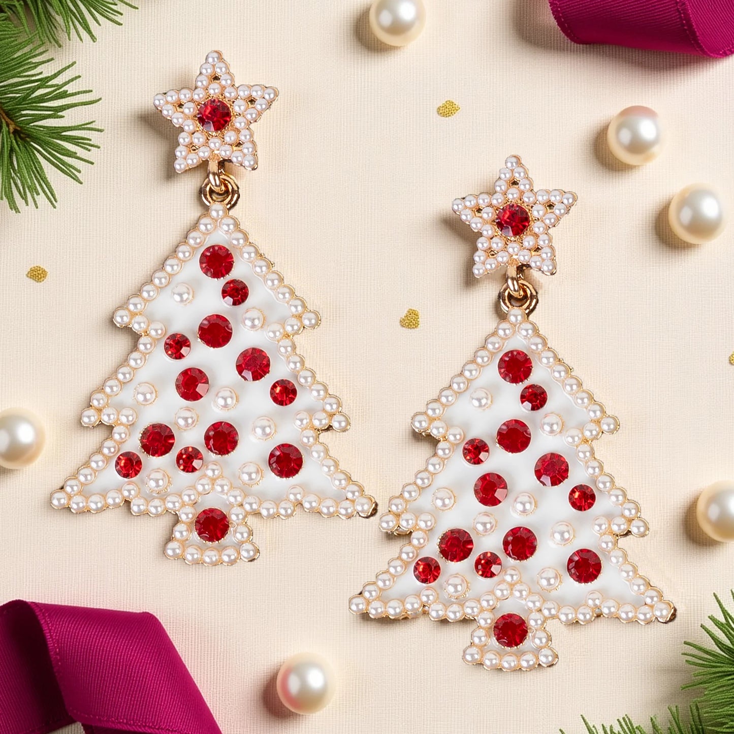 Christmas Tree Earrings W/ Pearls & Crystals
