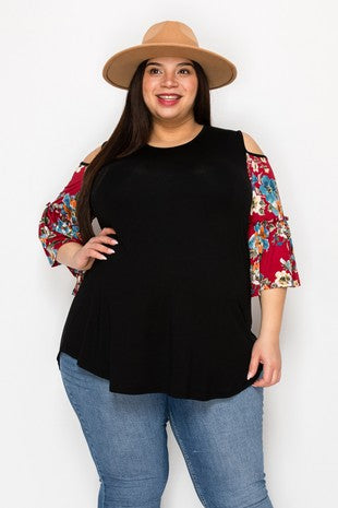 Cold Shoulder Flower Sleeve Top