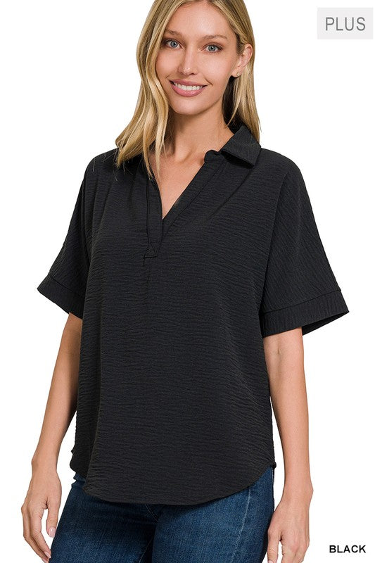 Collared Woven Airflow Top - Curvy