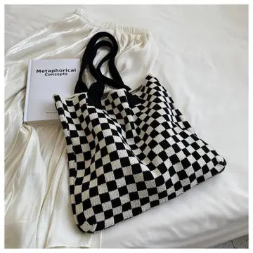 Color Block Plaid Knit Tote