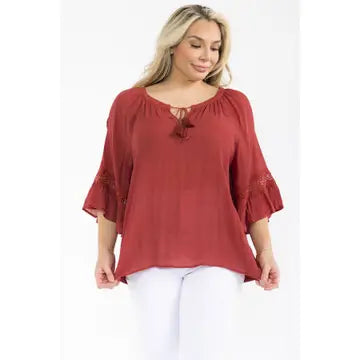 Curvy Crochet Trim Bell Sleeve Top