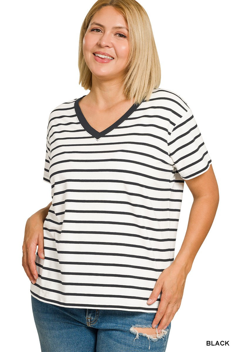 Curvy Striped V Neck Tee