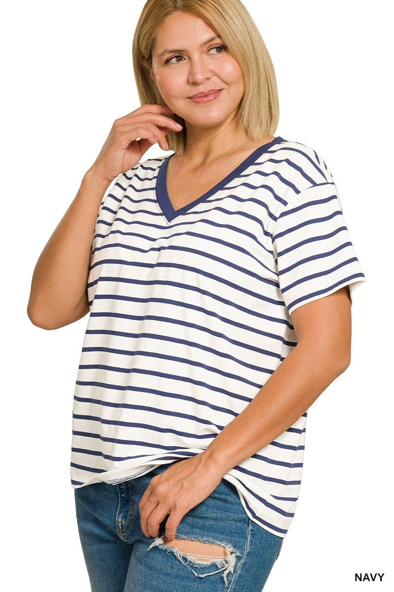 Curvy Striped V Neck Tee