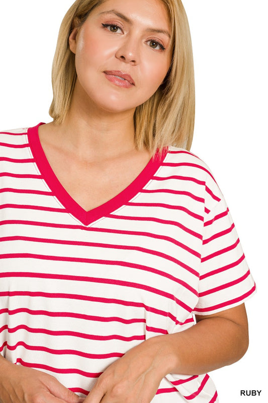 Curvy Striped V Neck Tee