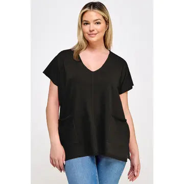 Curvy Sweater Knit Top W/ Pockets