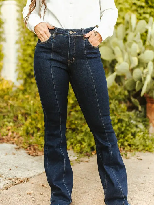 Dark Wash Crease Detail Flare Jeans