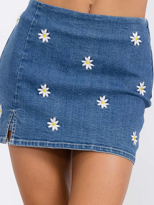 Denim Floral Mini Skort