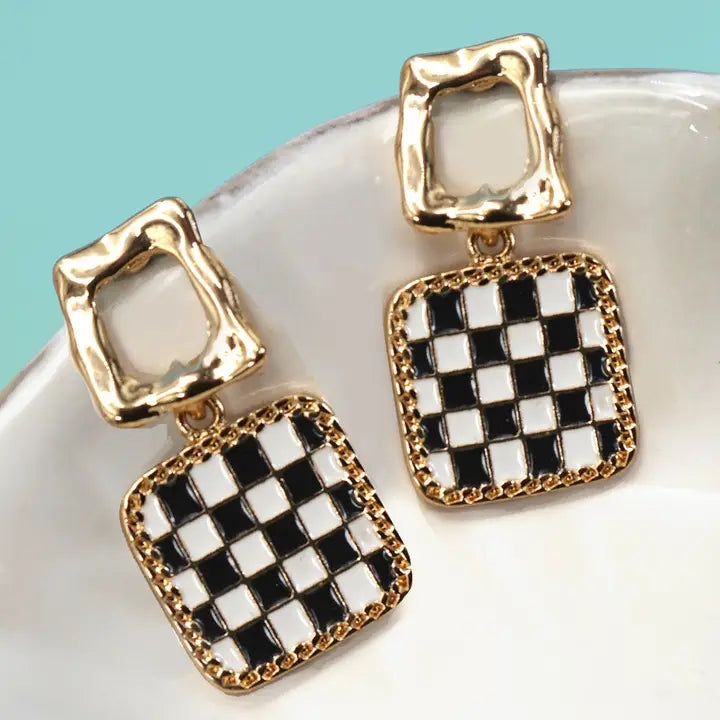 Double Square Checker Drop Earrings