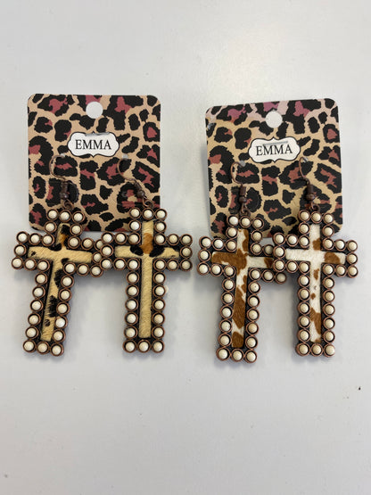 Animal Print Trimmed Cross Earrings