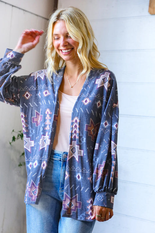 Ethnic Print Open Cardigan