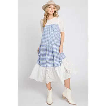 Eyelet Contrast Gingham Dress