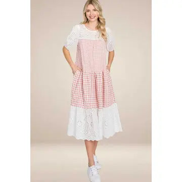 Eyelet Contrast Gingham Dress