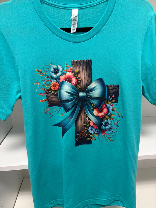 Wood Cross Blue Bow Tee