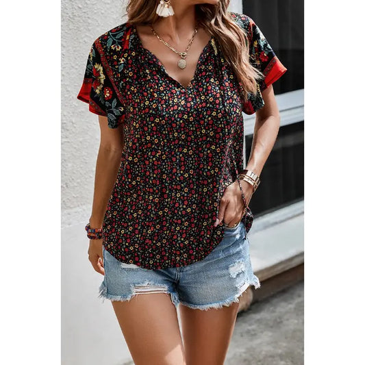 Floral Boho Ruffle V Neck Top