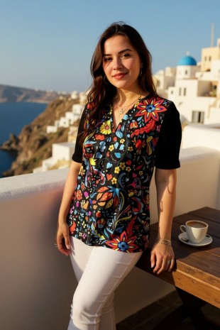 Floral Print SS V Neck Top