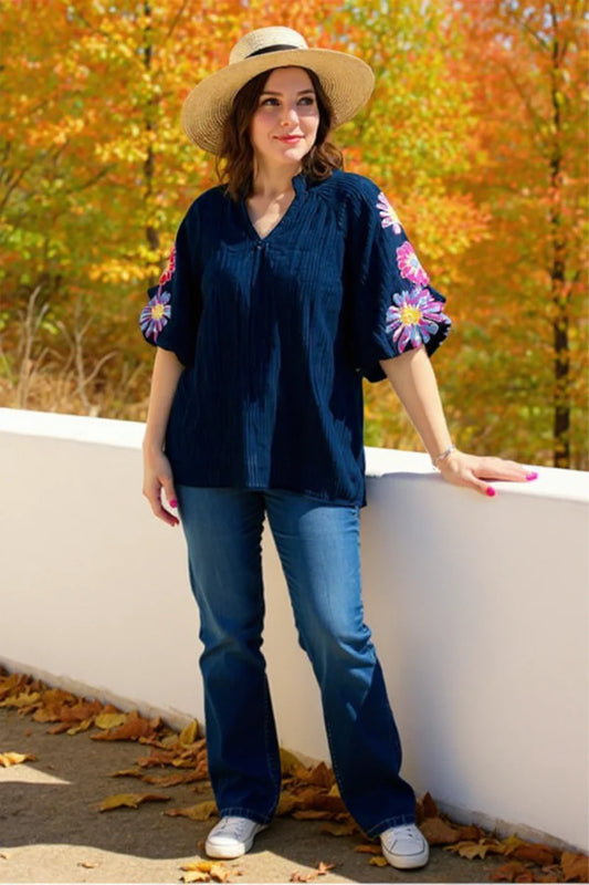 Flower Embroidered Puff Sleeve Top