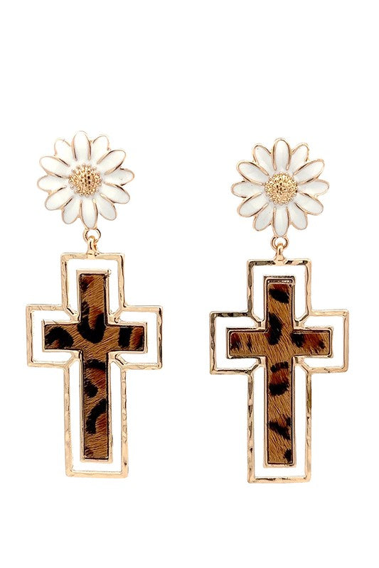 Flower W/ Animal Print Cross Earrings