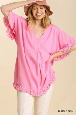 Frayed Hem Ruffle Tunic Top