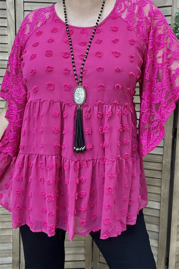 Fuchsia Dot & Ruffle Lace Blouse