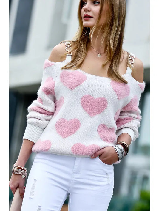 Fuzzy Heart Off Shoulder Sweater