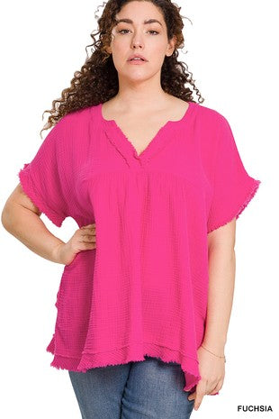 Gauze Raw Edge V Neck Top Curvy