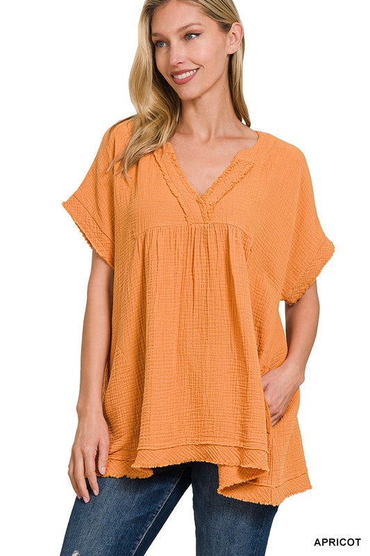 Gauze Raw Edge V Neck Top Misses