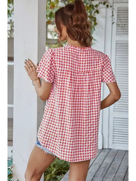 Gingham Plaid Drawsting Blouse
