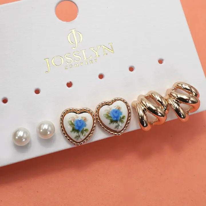 Heart Floral Porcelain Stud Hoop Trio
