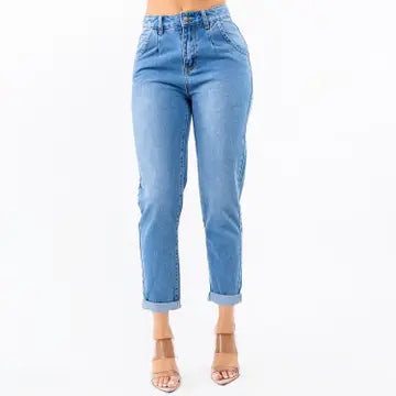 High Waist Pleated Waist Mom Jeans