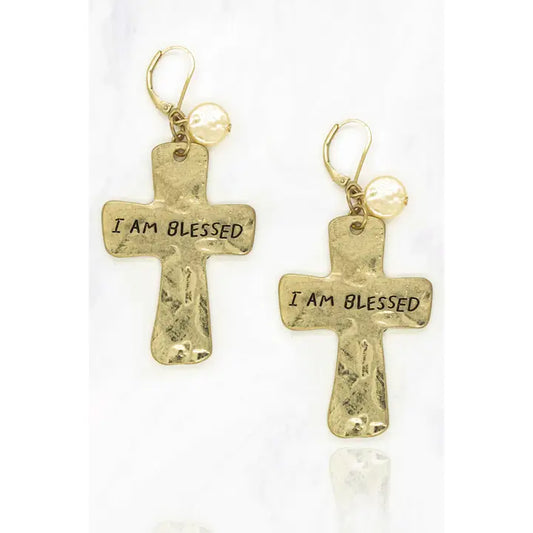 I Am Blessed Dangling Cross Earrings