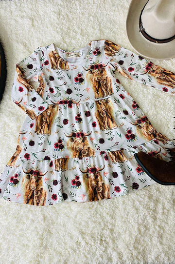 Kids Cow & Flower LS Dress