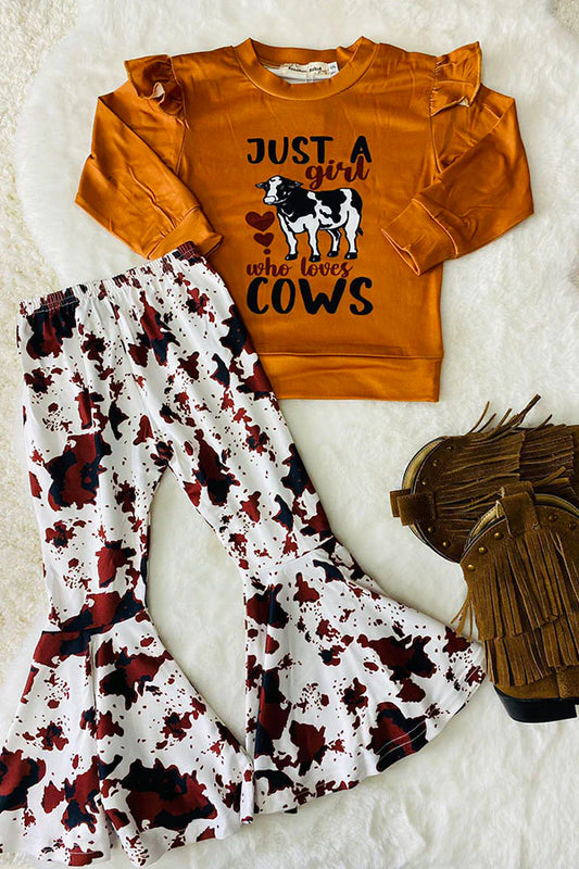 Kids Girl Loves Cow Bell Bottom Set