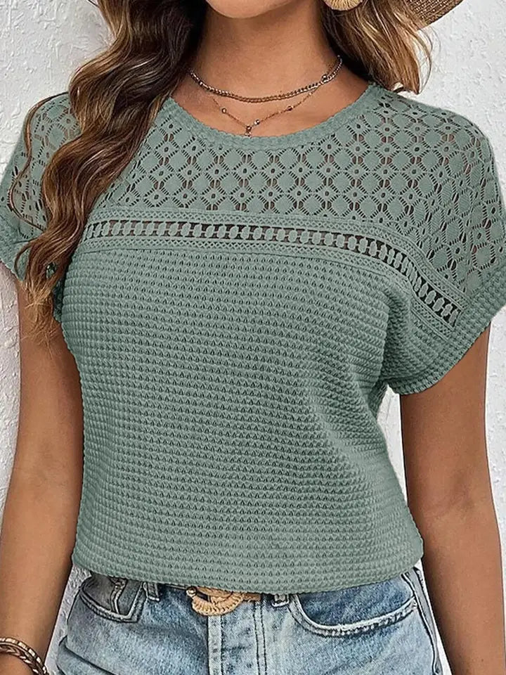 Lace Patchwork Waffle Knit Top