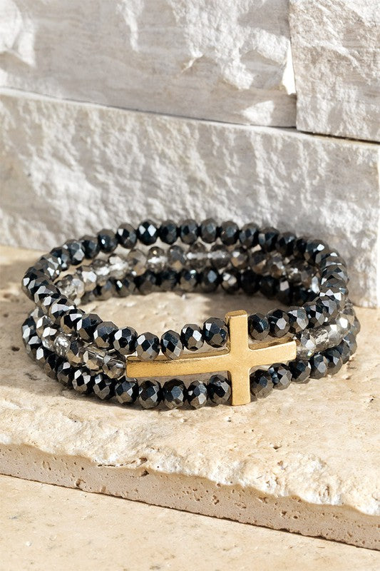 Layered Cross & Glass Bead Stretch Bracelet