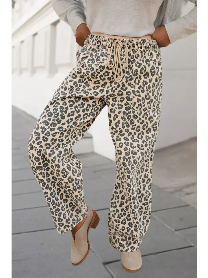 Leopard Drawstring Denim Pants