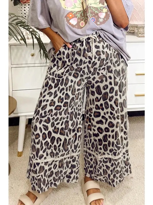 Leopard Wide Leg Cropped Pants - Curvy
