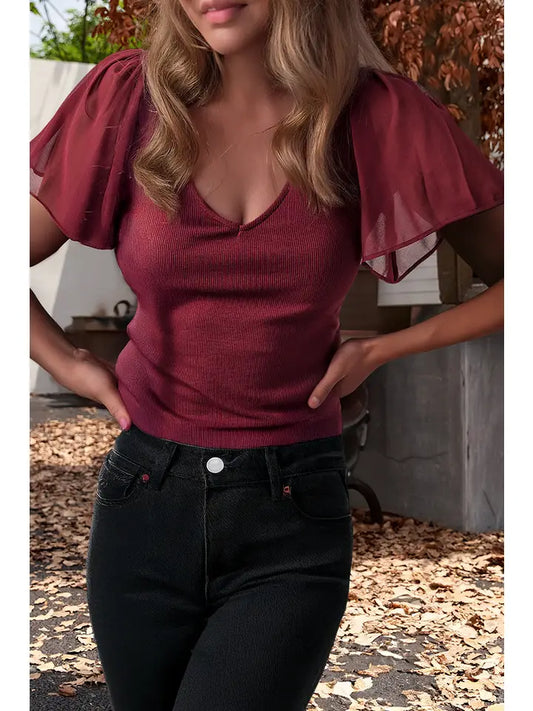 Mesh Ruffled Sleeve Slim Fit Top
