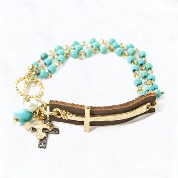 Metal Leather Turq & Charms Braclet