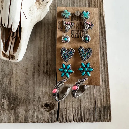 Navajo Style Rhinestone Stud 6 Pair Set