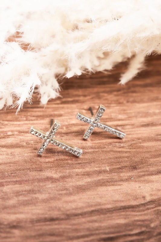 Pave Cross Silvertone Earrings