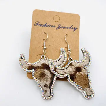 Rhinestone Animal Cowhead Earrings