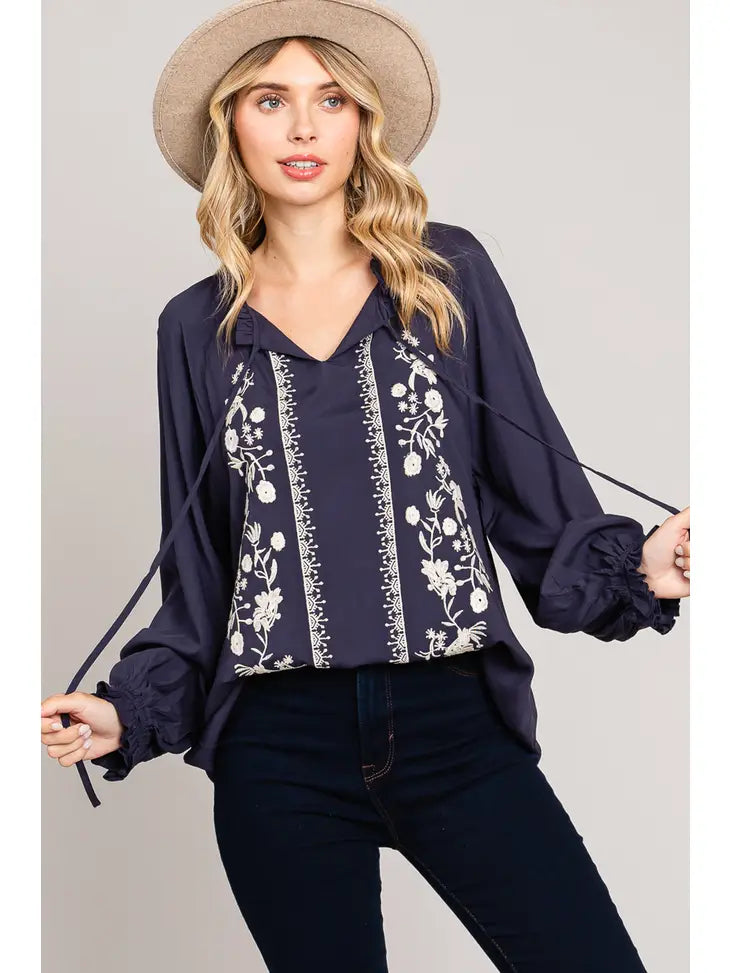 Ruffle Neck Embroidery Top