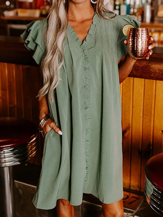 Ruffle Sleeve Frilled Shift Dress