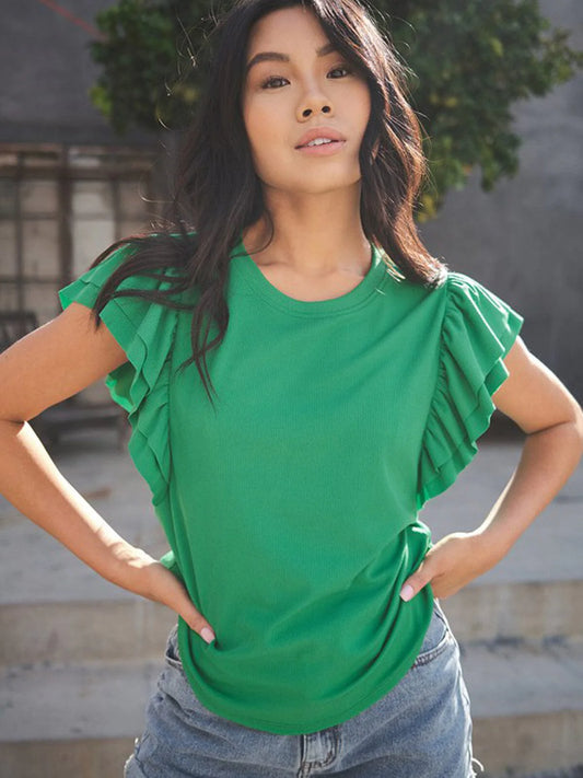 Ruffle Sleeve Ribbed Blouse