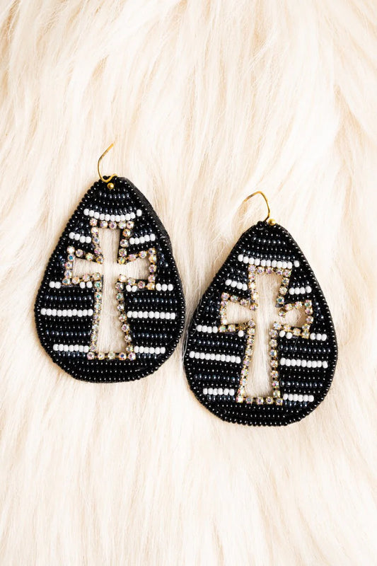 Seed Bead Crystal Cross Cutout Earrings